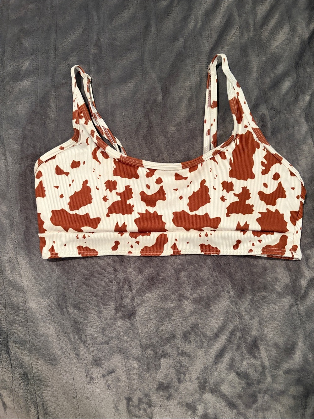 SHEIN White & Brown Cow-Print Ribbed Bikini Top